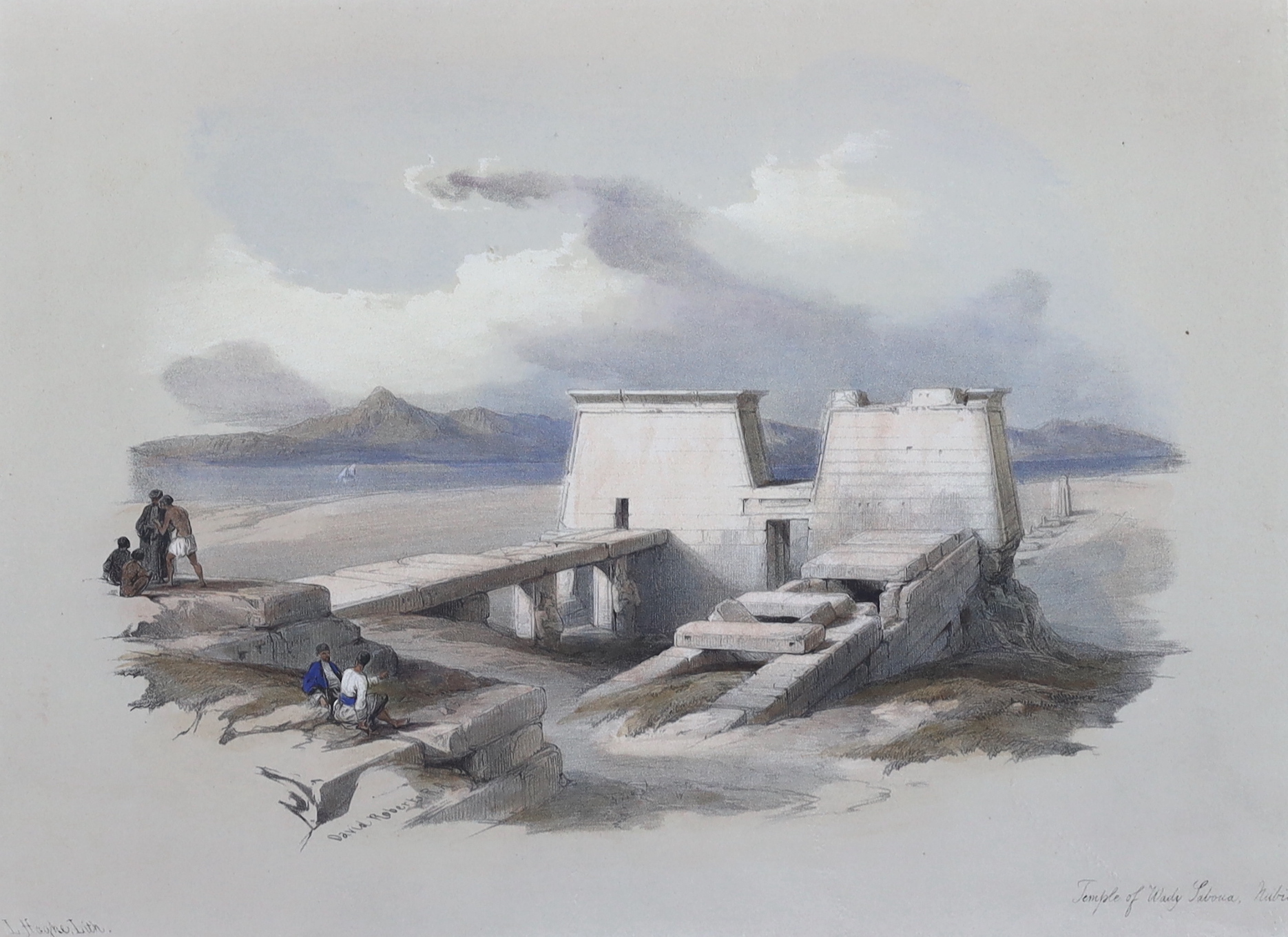 David Roberts (Scottish, 1796-1864), colour lithograph, 'Temple of Wady Saboua, Nubia', publ. F.G. Moon, 1st Marcy 1847, 32 x 38cm